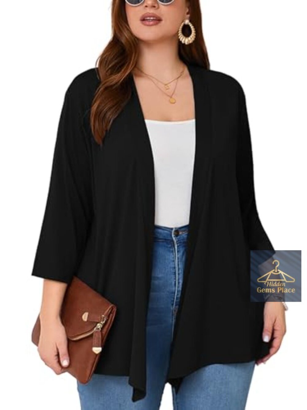 Plus Size Open Front Cardigan 3/4 Sleeve Lightweight Kimono Cover Up